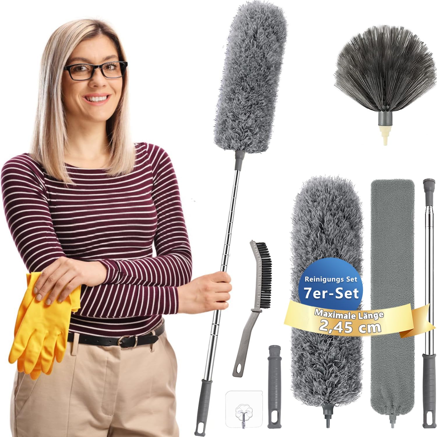 Staubwedel Teleskop Waschbar，Staubwischer lang ausziehbar bis 2,45m，staubwedel mit teleskopstange und Biegbar Grau7Pcs