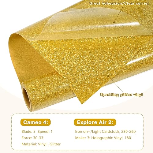 Miniatura 3 de WRAPXPERT Vinilo de transferencia de calor con purpurina dorada, vinilos HTV con purpurina de 10 x 5 pies, vinilo dorado con purpurina para planchar
