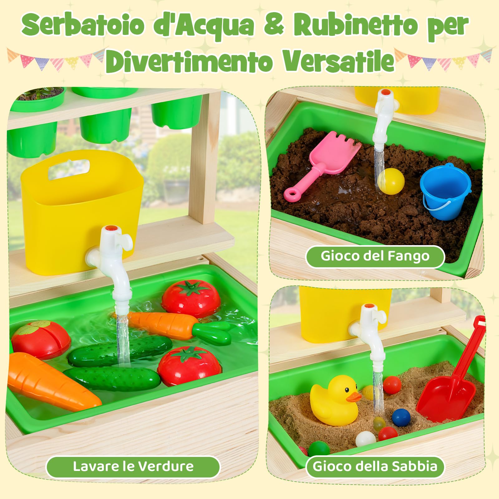 COSTWAY Cucina Giocattolo in Legno Massello, Cucina da Gioco con Rubinetto e Fioriera Removibile, Gioco Imitazione Fango e Giardinaggio all'Aperto, per Bambini 3+ Anni, 73 x 36 x 92 cm