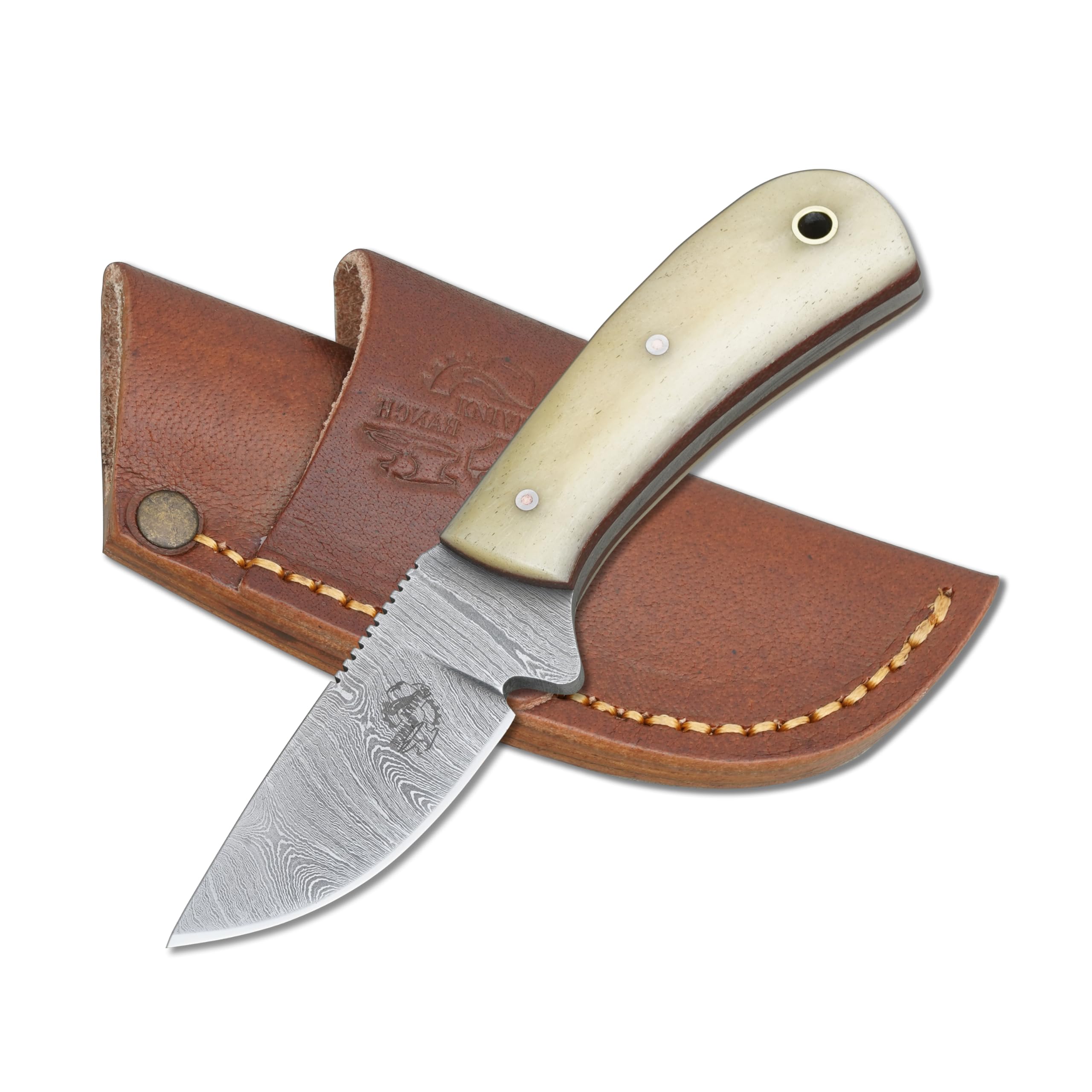 5.5 inches Damascus Steel Ranch Knife - Full Tang Fixed Blade - Horizontal Scout Carry Leather Sheath - Handmade Outdoor Hunting Camping Utility Knife