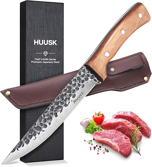 Huusk Knives from Japan, Boning Knife for Meat Cutting 6 inch, Butcher Knife for Brisket Trimming, Viking knife with Sheath, Full Tang Kitchen Utility Knife, Christmas Gift