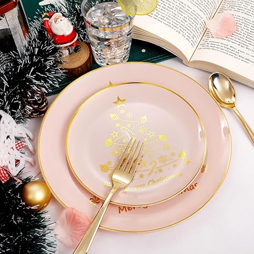 Miniatura 6 de LIYH - Juego de vajilla de plástico de Navidad de 150 piezas, platos de plástico de Navidad con diseño de reno, cubiertos de plástico dorado, taza