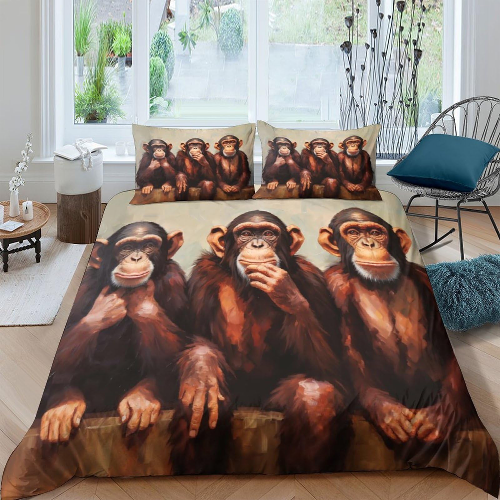 GPLZQXKJNH 3D Printed Three Wise Monkeys Duvet Cover Microfiber Soft Breathable Chimpanzee Bedding Set with 2 Pillowcases for Bedroom Decor Single（135x200cm）