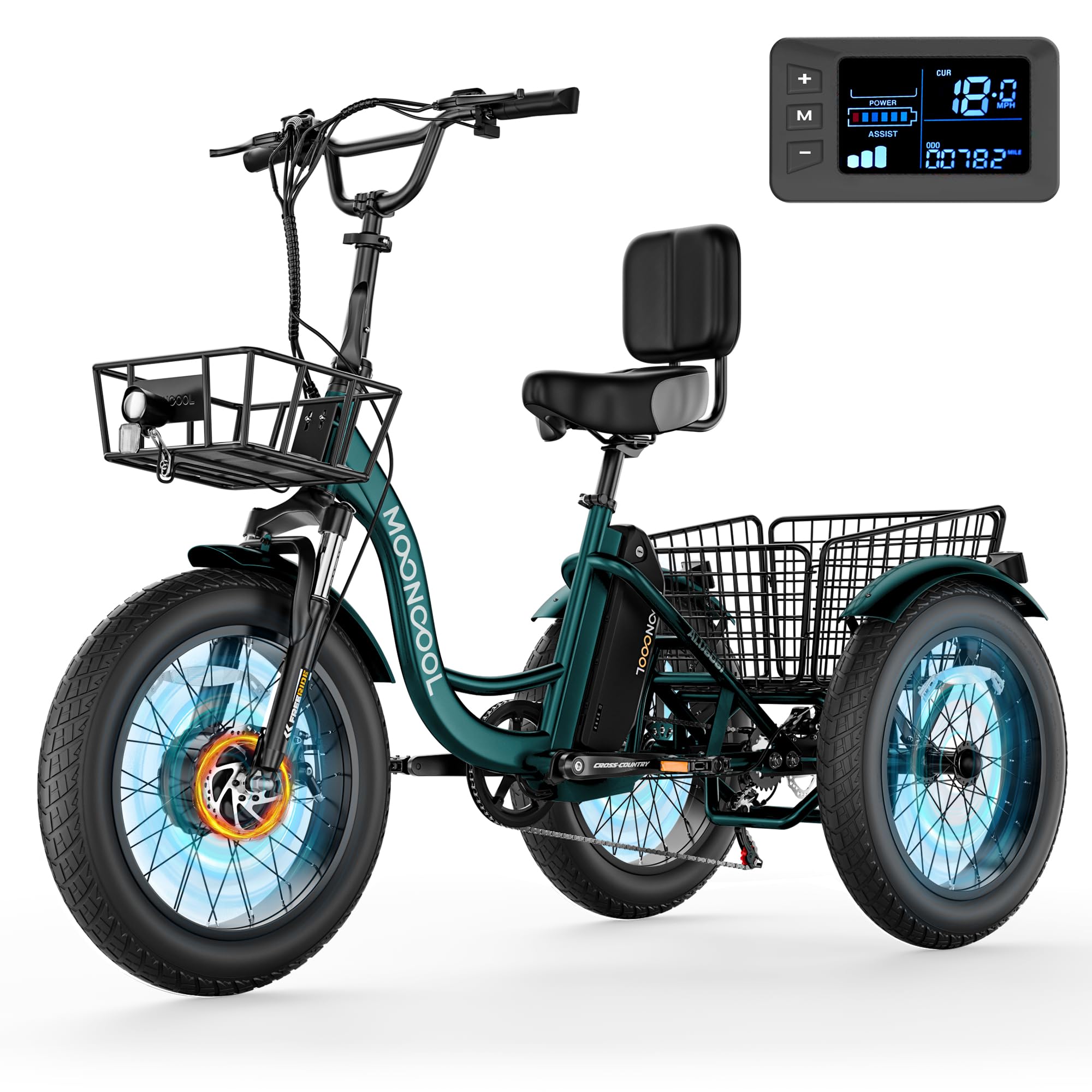MOONCOOL Electric Tricycle for Adults, 20" x 4" Fat Tire Electric Trike, 48V 500W 3 Wheel Electric Bike, 7 Speed E Trikes for Adults with Removable Battery, Aluminum Frame &amp; Large Basket