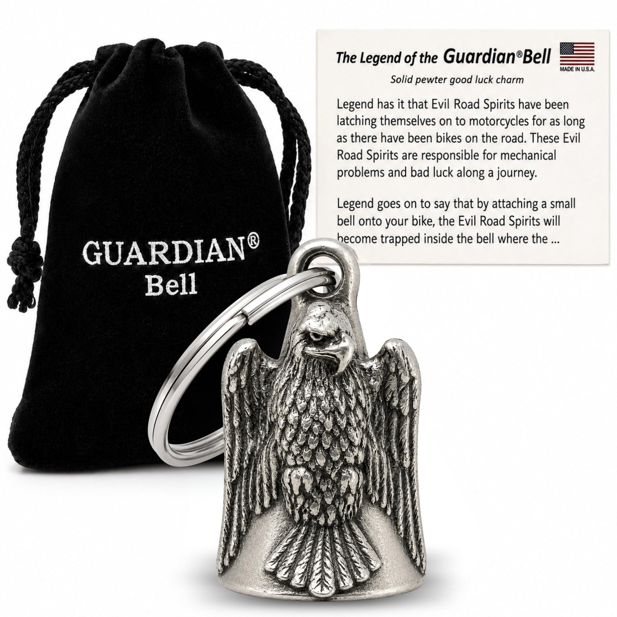 Guardian Bell Eagle Good Luck Bell w/Keyring &amp; Black Velvet Gift Bag | Motorcycle Bell | Lead-Free Pewter | Good Luck Gift to Friends &amp; Family | Bike Bell | Made in USA