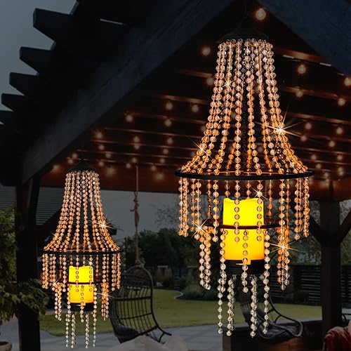 Hanging Candle Chandelier Outdoor, Battery Operated Clear Acrylic Beaded Chandelier