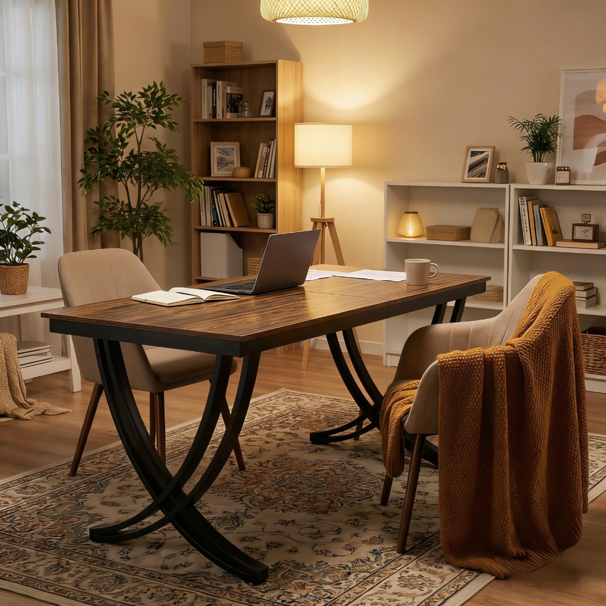 LITTLE TREE Computertisch für 2 Personen, extra lang, Chefschreibtisch, großer Bürotisch für Zwei Personen, Doppel-Schreibtisch aus Holz, Arbeitszimmer für Zuhause, Schwarz und rustikales Braun