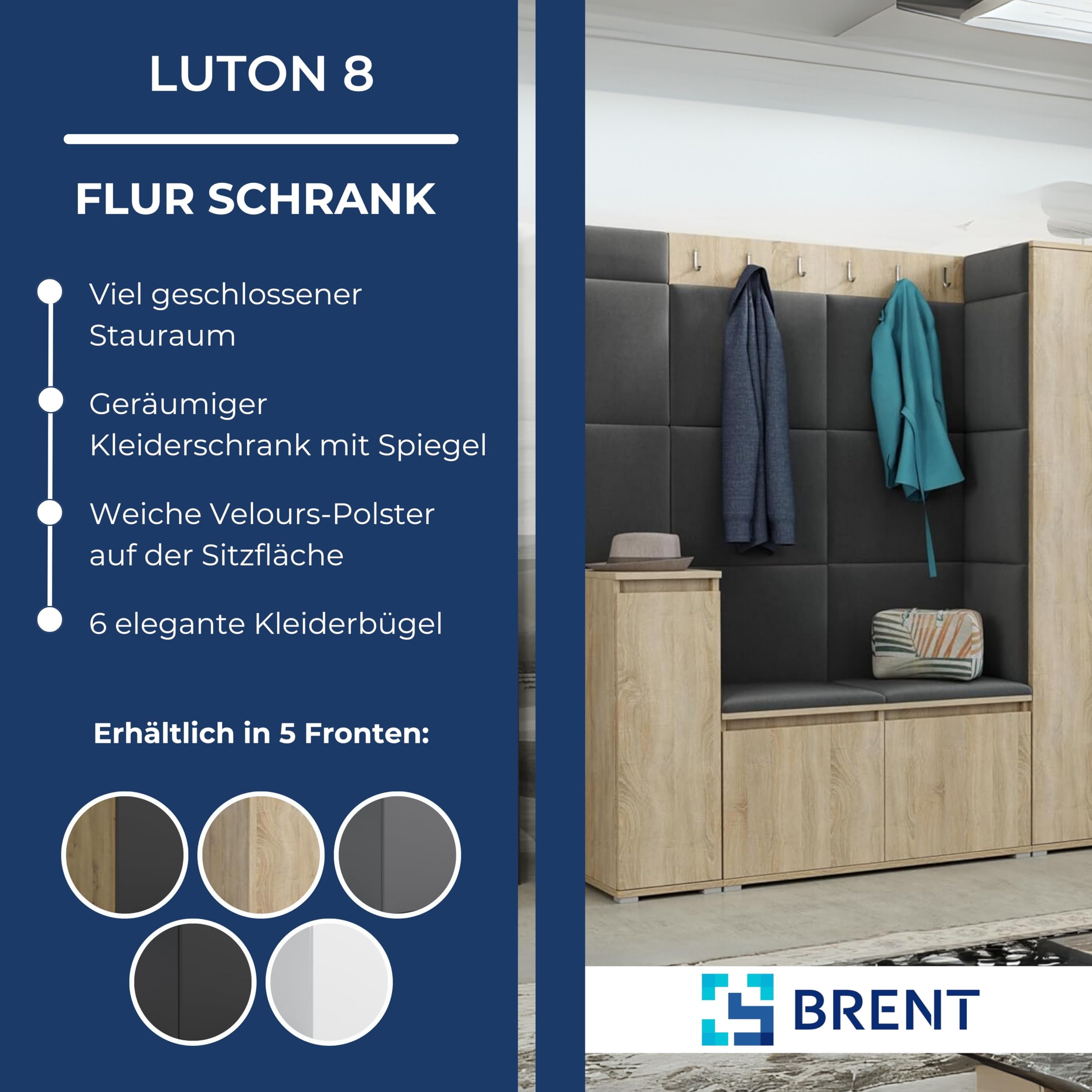 Brent Garderobenschrank Flur Artisan Eiche Schwarz 220 cm Breit Luton 8 Multifunktionale Flurgarderobe Set mit Stauraum