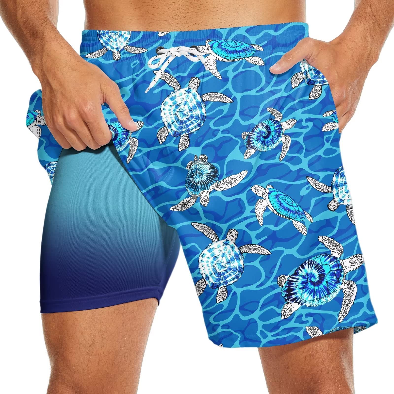 KYBATE Men Swim Trunks with Compression Liner Board Shorts 7 Inch Inseam Swimming Trunks Beach Shorts Pocket Swimsuit
