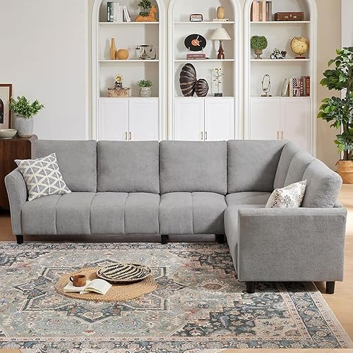 Miniatura 8 de Sofá modular convertible de 102 pulgadas en forma de L con cojines de respaldo, tela tapizada moderna de 6 asientos reversible, juego de sofá para
