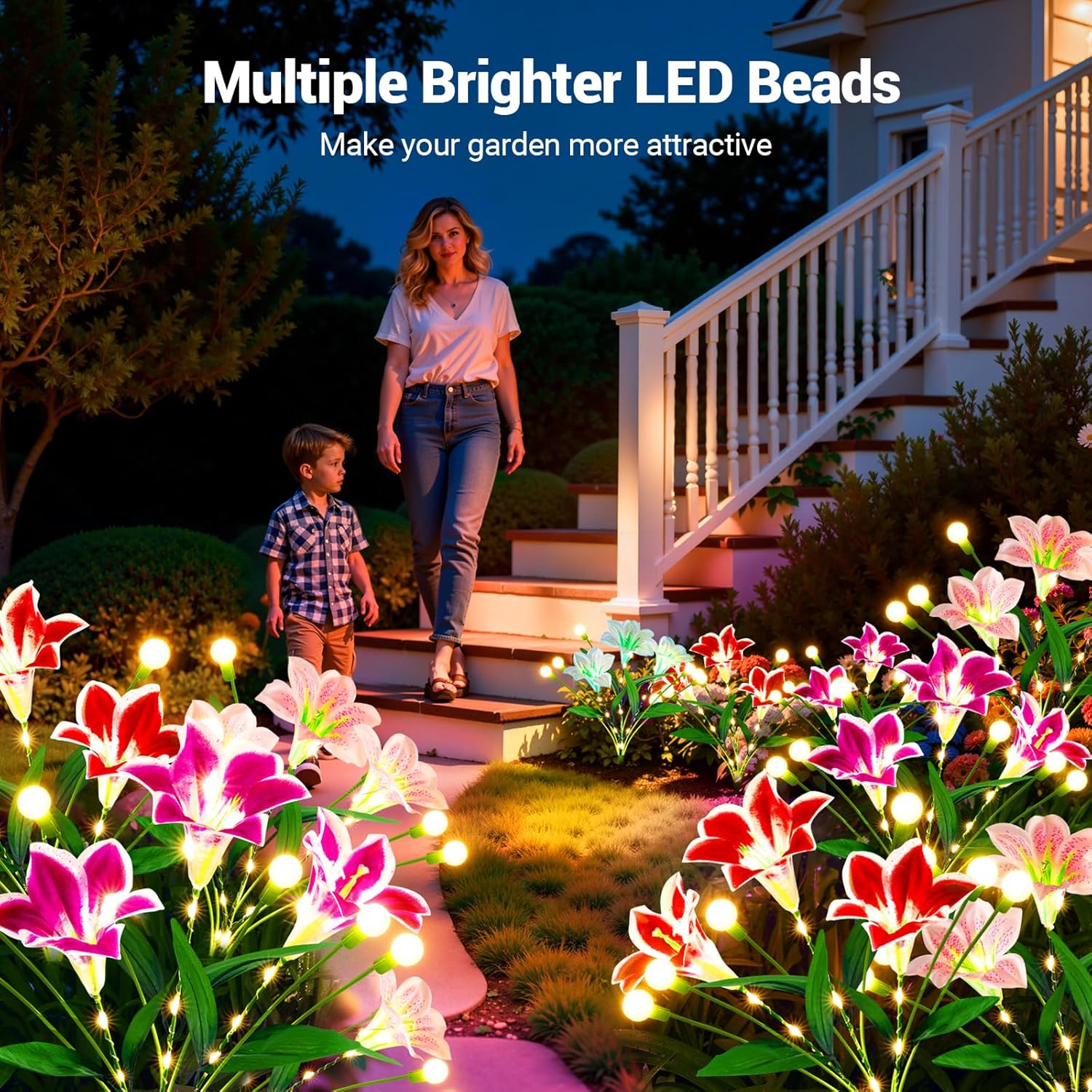 WdtPro Upgraded Solar Garden Lights Outdoor: 4 Pack 2-in-1 Solar Firefly Swaying Light with Lily Flower and Glowing Stem, Waterproof Garden Decor for Yard Patio Pathway Lawn, Gardening Gifts for Women