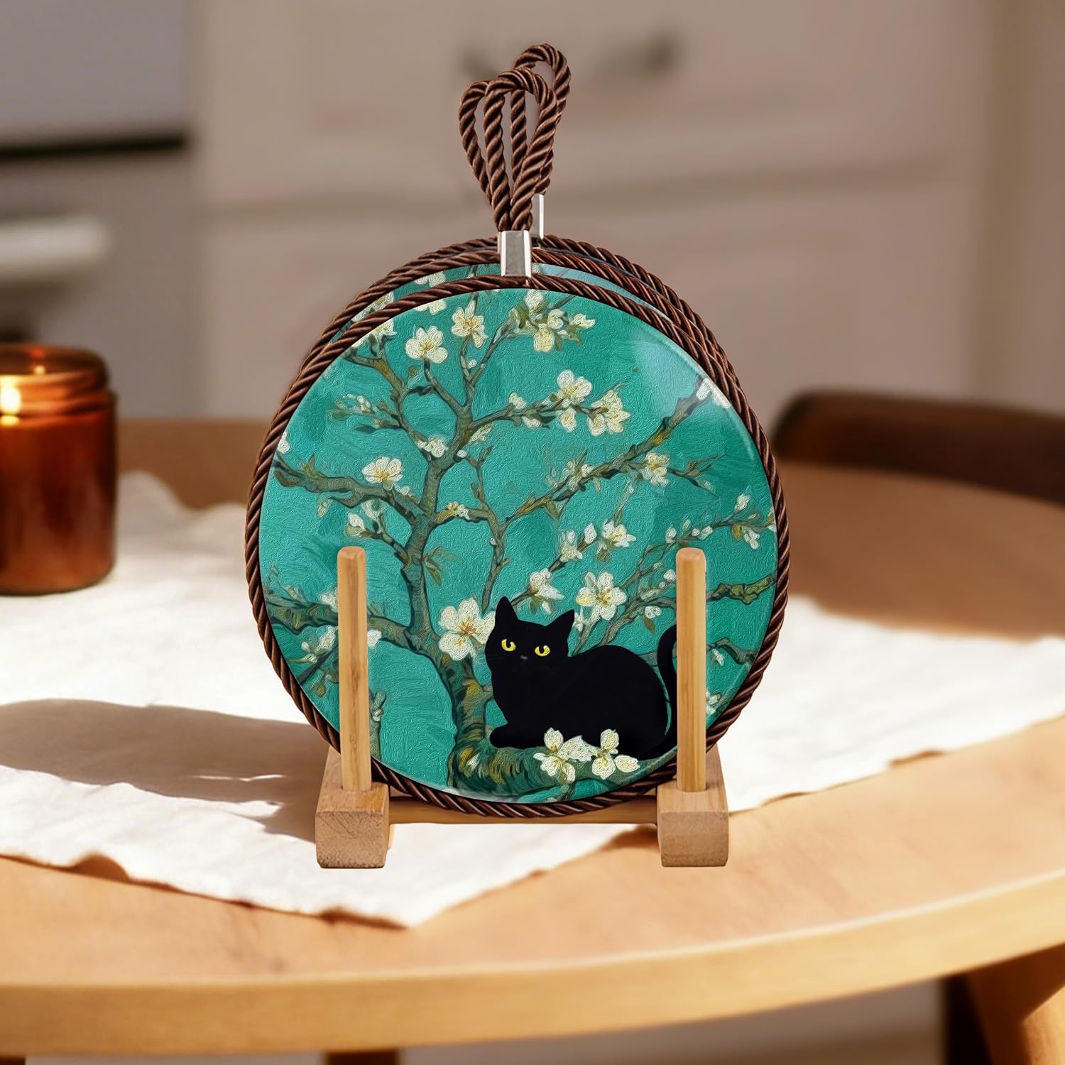 Almond Blossom Black Cat Ceramic Trivet for Hot Dishes Pots and Pans, Cat Lover Lady Mom Grandma Gifts, Black Kitten Hot Pads for Kitchen Countertops Table Dinning Room Home Decor