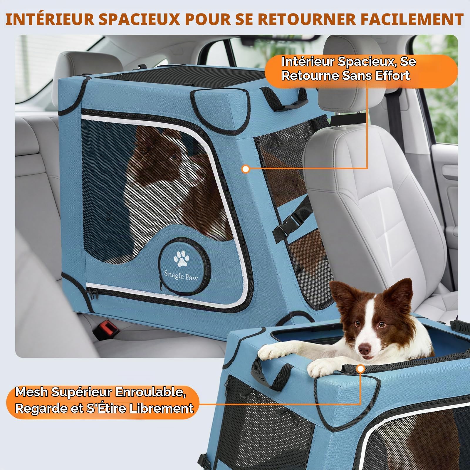 Snagle Paw Cage portable pour chien pour voyage en voiture, cadre en métal, cage de transport pour animal domestique pour siège arrière de voiture sécurisée avec sangle d'appui-tête et ceinture de