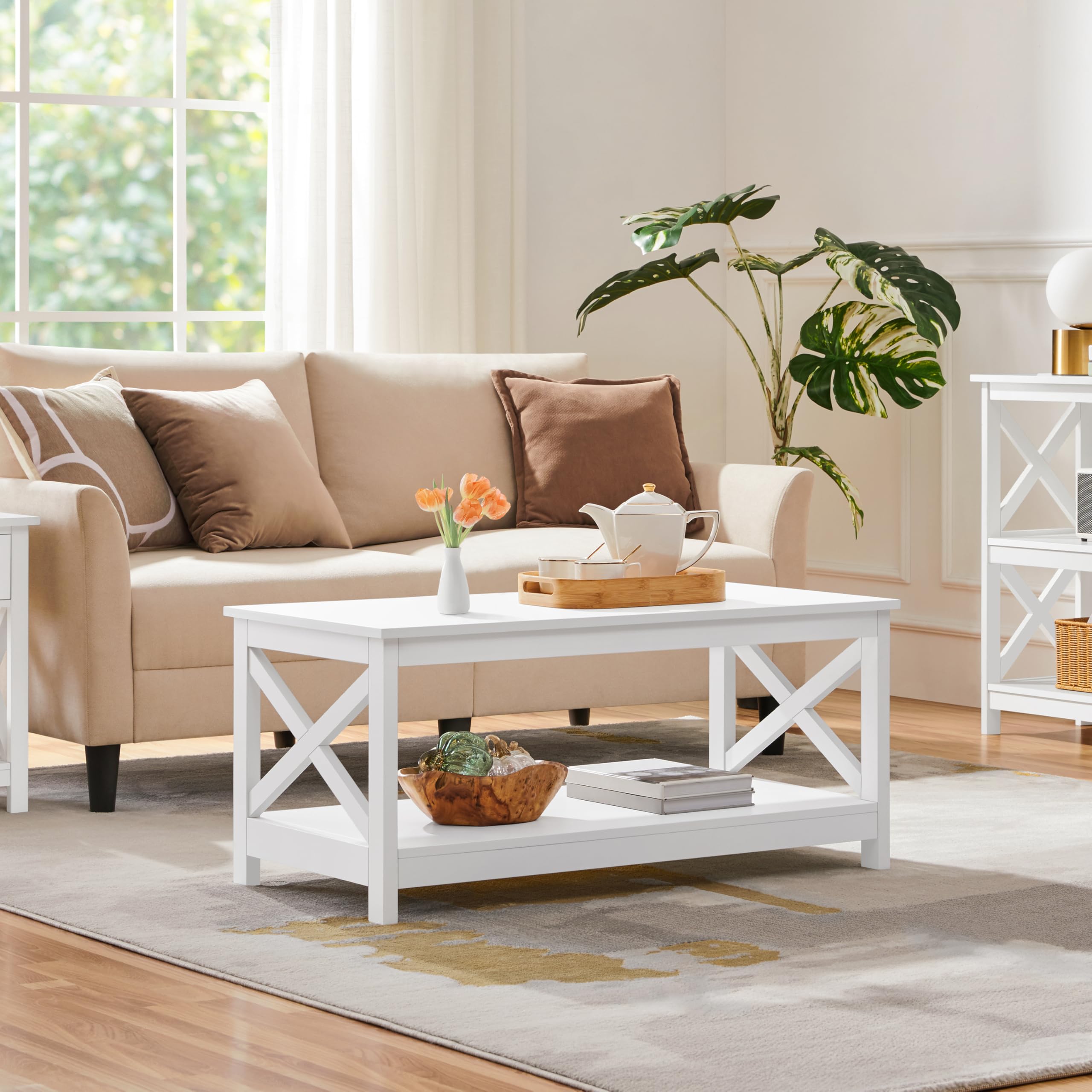 Yaheetech Tavolino da Caffè Tavolino Basso da Salotto Tavolo da Divano a 2 Ripiani Moderno Portaoggetti in Legno con Piano Inferiore Grande da Soggiorno Bianco 100 x 50 x 45 cm