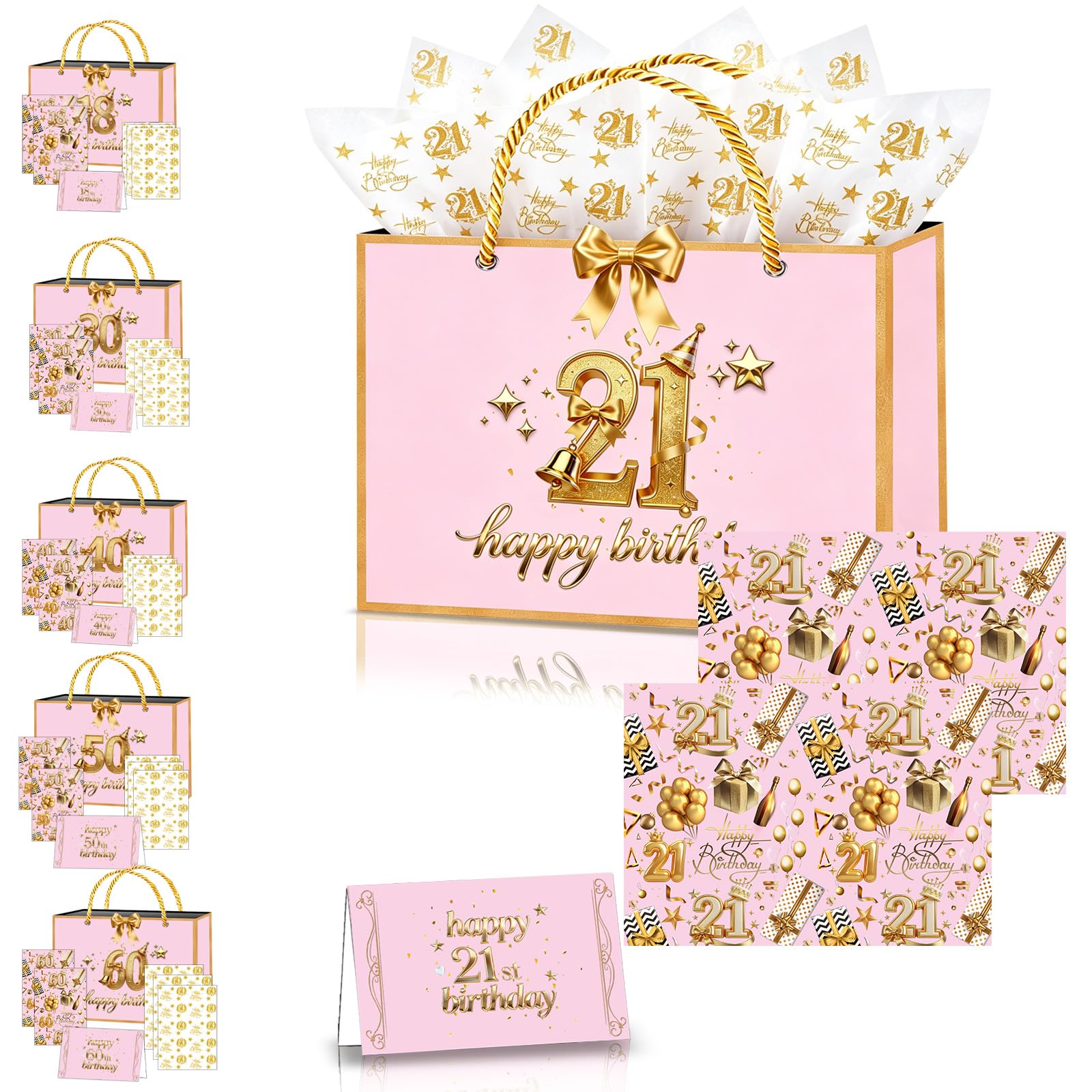 21st Birthday Gift Bag for Girls,11×8×4" Pink Gold Girls 21st Gift Bag with 21st Birthday Wrapping Paper Tissue Paper Sheets Card and Ribbon for Girl Her 21st Birthdays Party Present Decorations