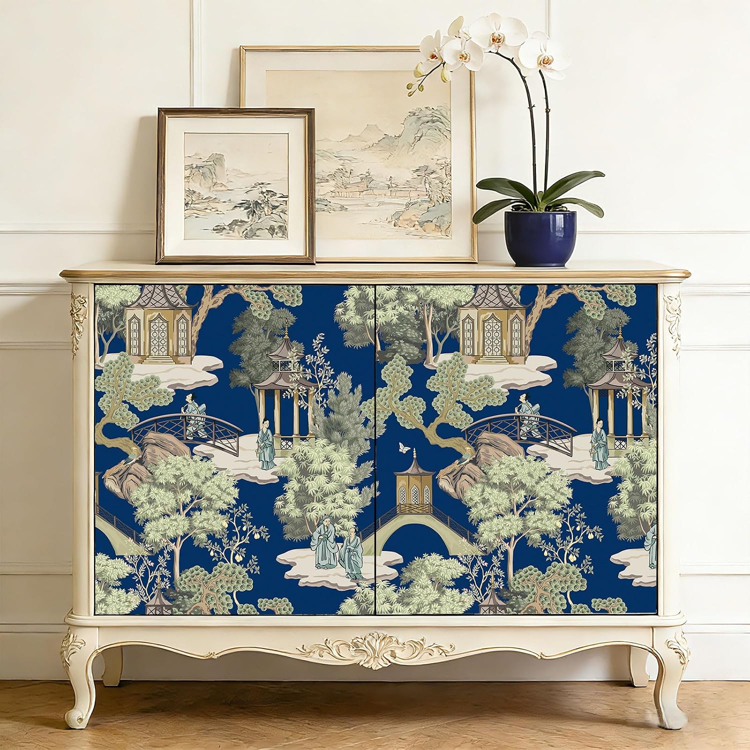 YENHOME Green Vintage Chinoiserie Peel and Stick Wallpaper 17.5" X23ft Traditional Oriental Pagoda Navy Blue Tree Figure Self Adhesive Removable Wallpaper Contact Paper for Living Room Kitchen