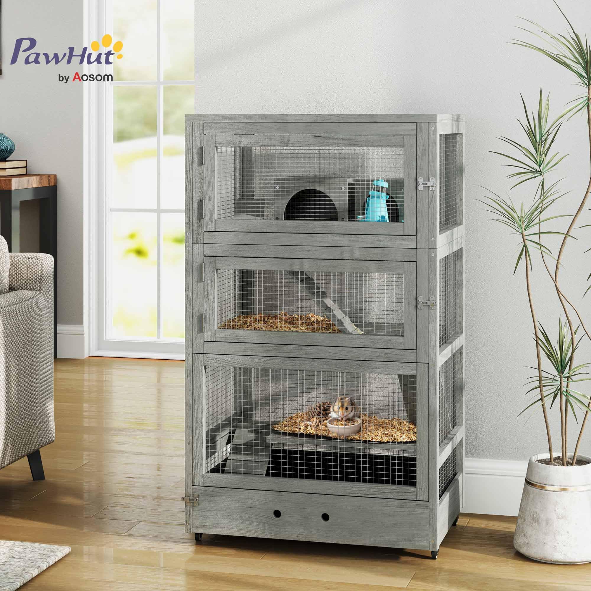 PawHut Jaula de Madera para hámster Enano, 65 x 45 x 109 cm Jaula para roedores con conejeras, balancín, Paleta, comederos, Jaula para Animales pequeños de 4 Niveles con Cerradura, rampas, Ruedas,