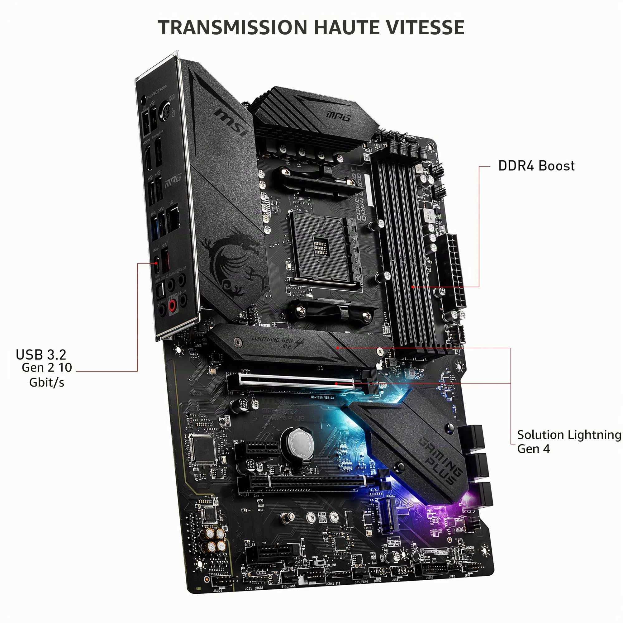 MSI MPG B550 Gaming Plus Carte mère de Jeu (AMD AM4, DDR4, PCIe 4.0, SATA 6 Go/s, M.2, USB 3.2 Gen 2, HDMI/DP, ATX)
