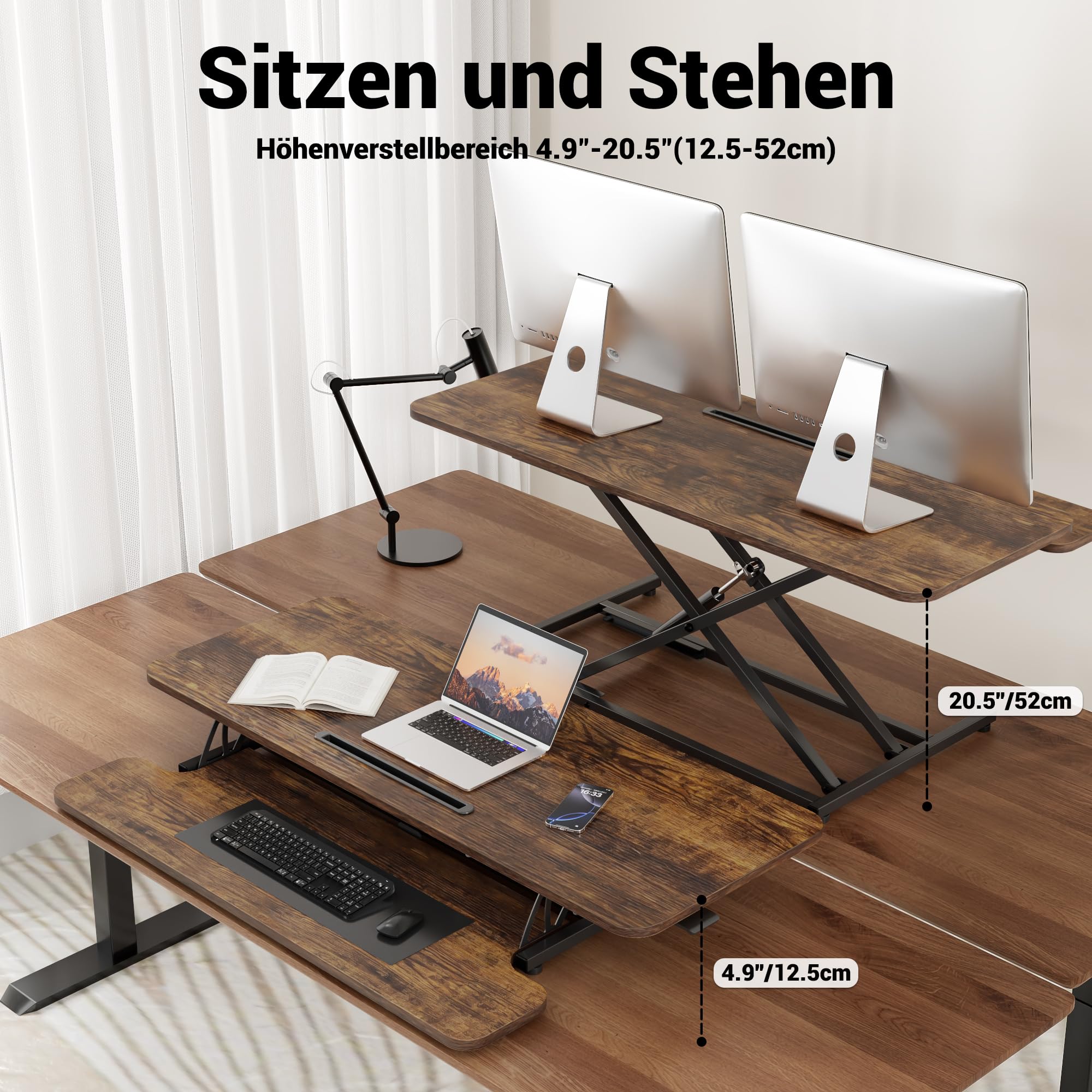 ERGOMAKER Steh-Sitz Schreibtischaufsatz Höhenverstellbar, Stehpult Aufsatz Schreibtisch 106 X 40CM Desktop Erhöhung mit Tastaturablage Für Zwei Monitore,Rustikales Braun