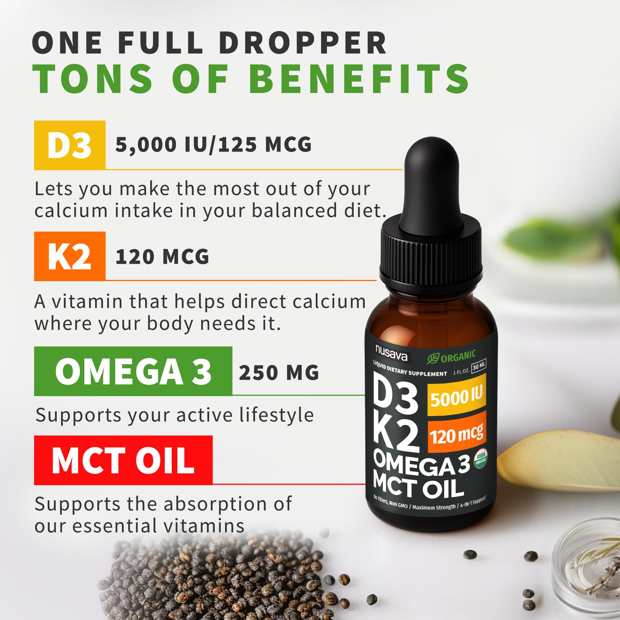 NUSAVA Organic Vitamin D3 K2 Drops with MCT Oil, Unflavored, Pack of 4 — Amazon image 3