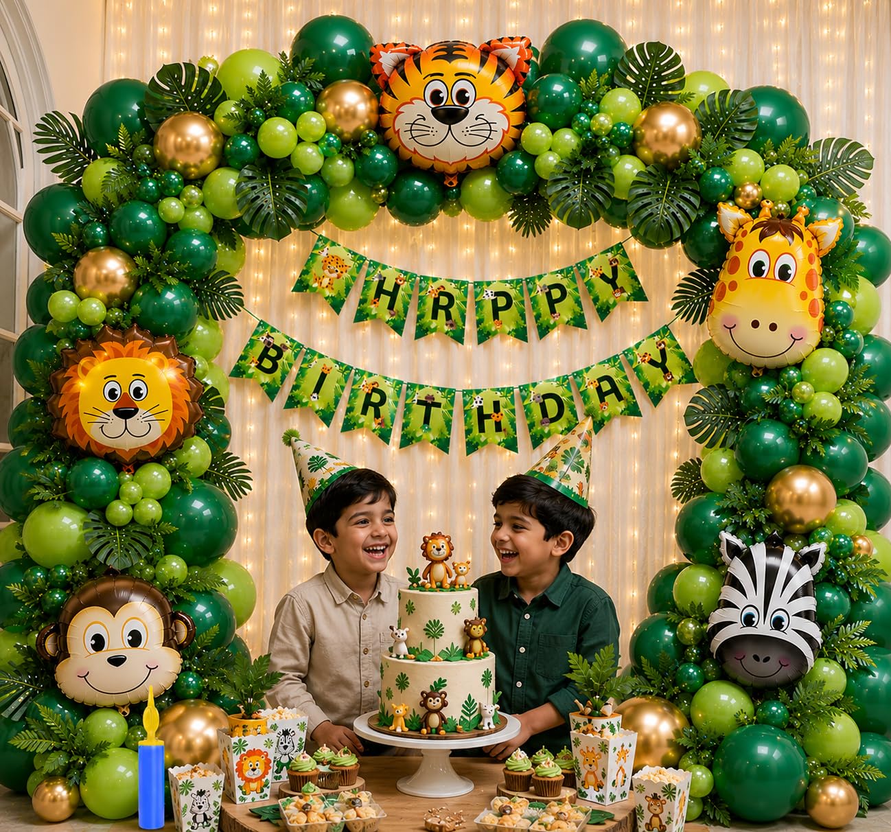 Party Propz Jungle Theme Birthday Decoration Kit - 56Pcs Birthday decoration Items for Boy | Jungle Safari theme Birthdays decorations | 2ft Huge Animal Balloons for Bday (Cardstock,Foil) 2