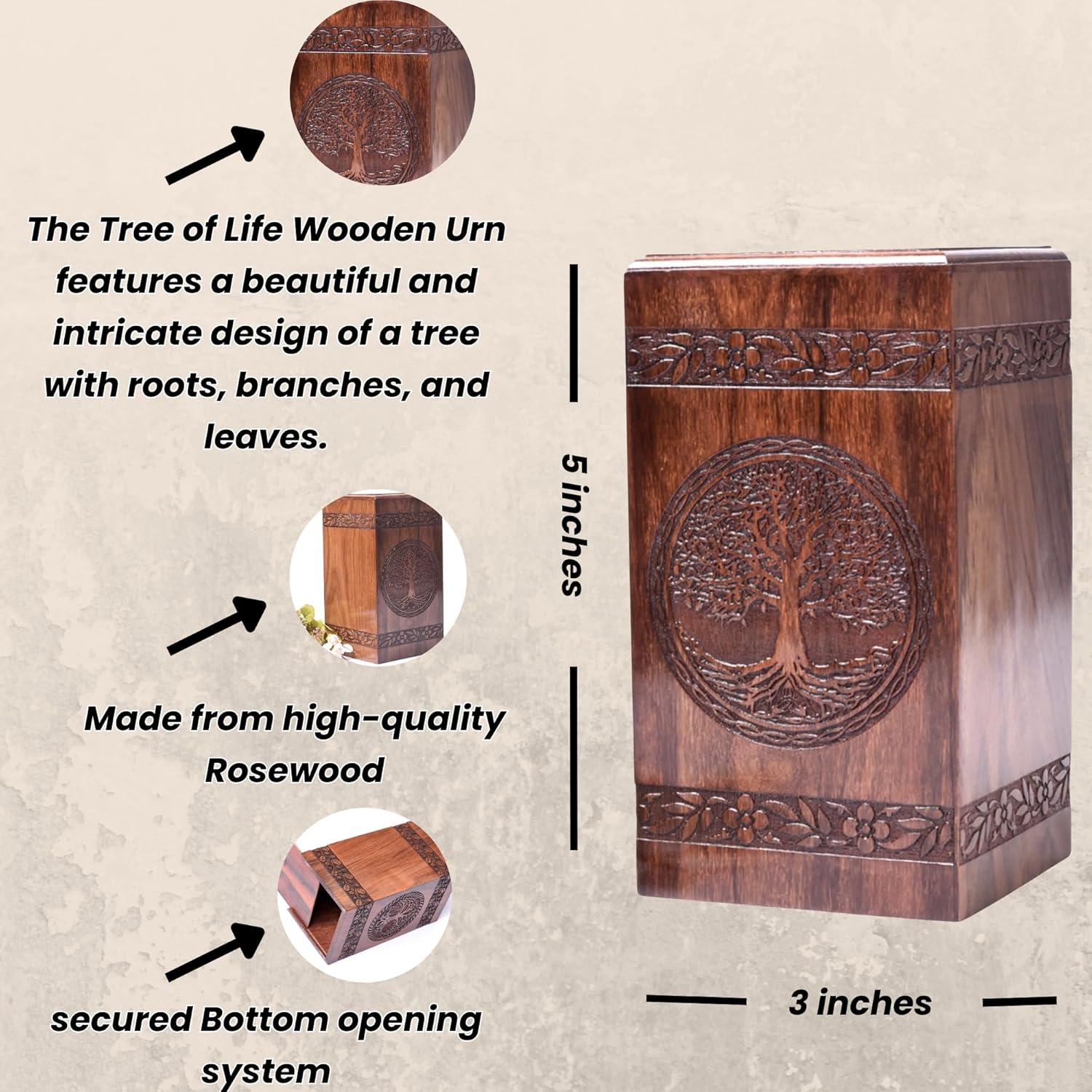 Tamanna Rosewood Urn For Human Ashes - Tree Of Life Wooden Box - Personalized Cremation Urn For Ashes Handcrafted Large Wooden Urn Box (K(5X3”) 06Cu)