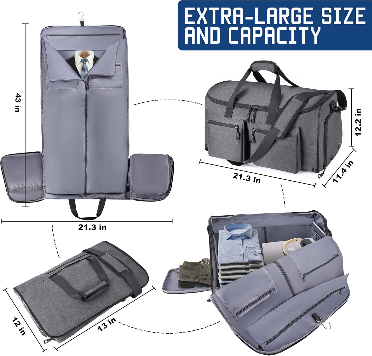 Convertible Duffle Bags for Travel Carry On Suit Duffle Bags with Shoulder Strap 2 in 1 Hanging Garment Duffle Bag for Men Women (Grey) - Image 6