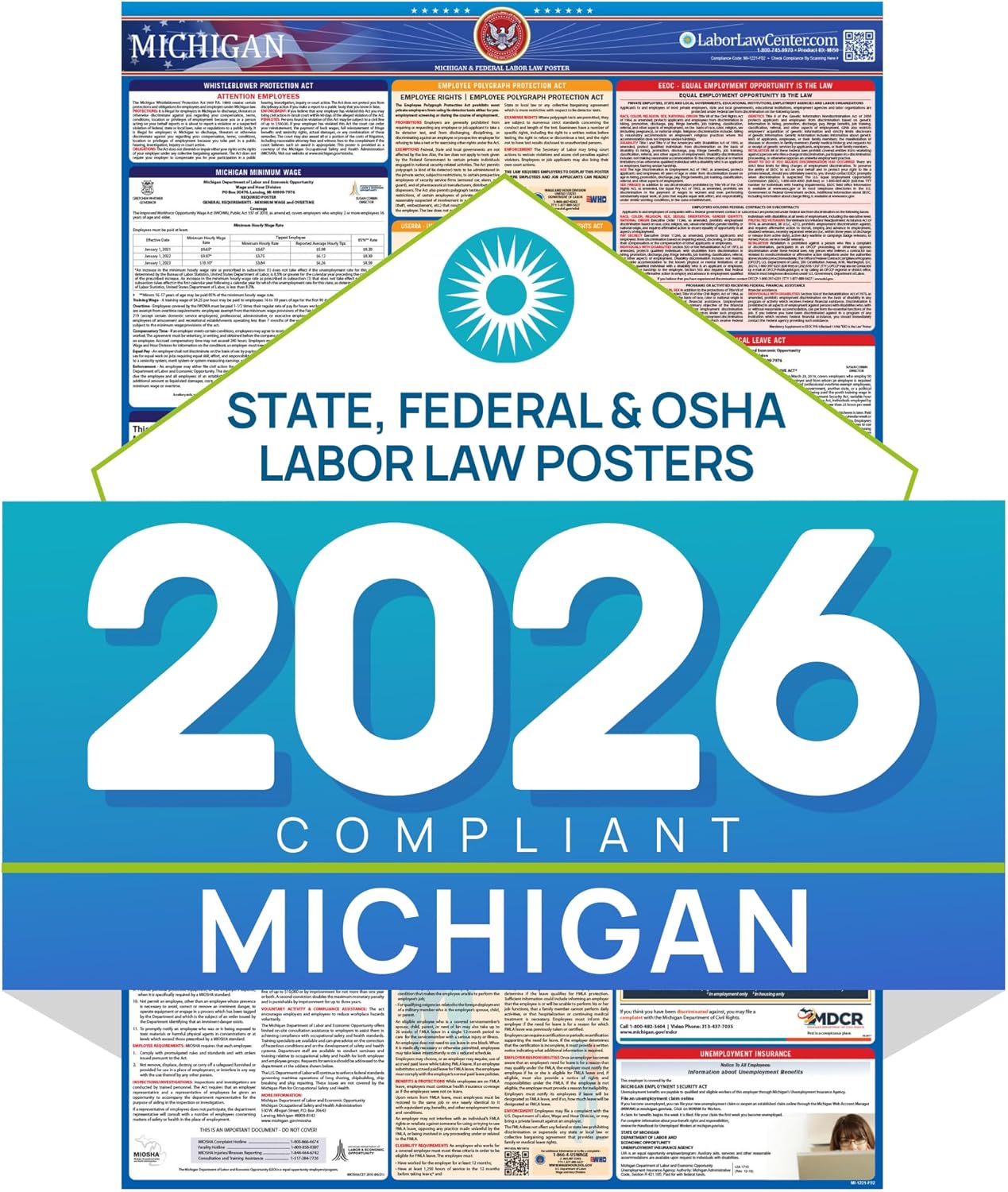 Michigan 2026 Labor Law Poster – State & Federal Compliance – OSHA, EEOC, FMLA, Minimum Wage – Durable, Laminated & Waterproof Workplace Employment Poster – Made in USA – 26” x 39.5”