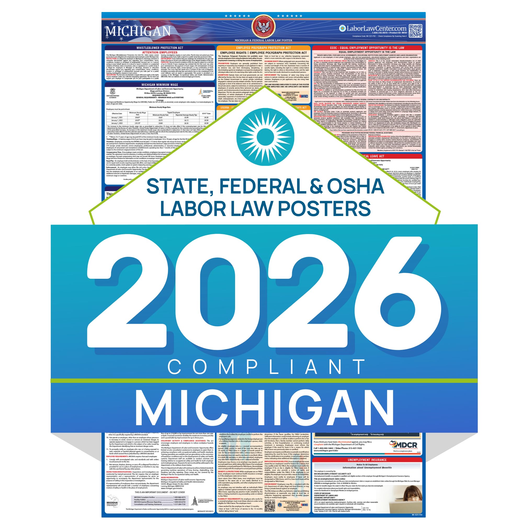 Michigan 2026 Labor Law Poster – State & Federal Compliance – OSHA, EEOC, FMLA, Minimum Wage – Durable, Laminated & Waterproof Workplace Employment
