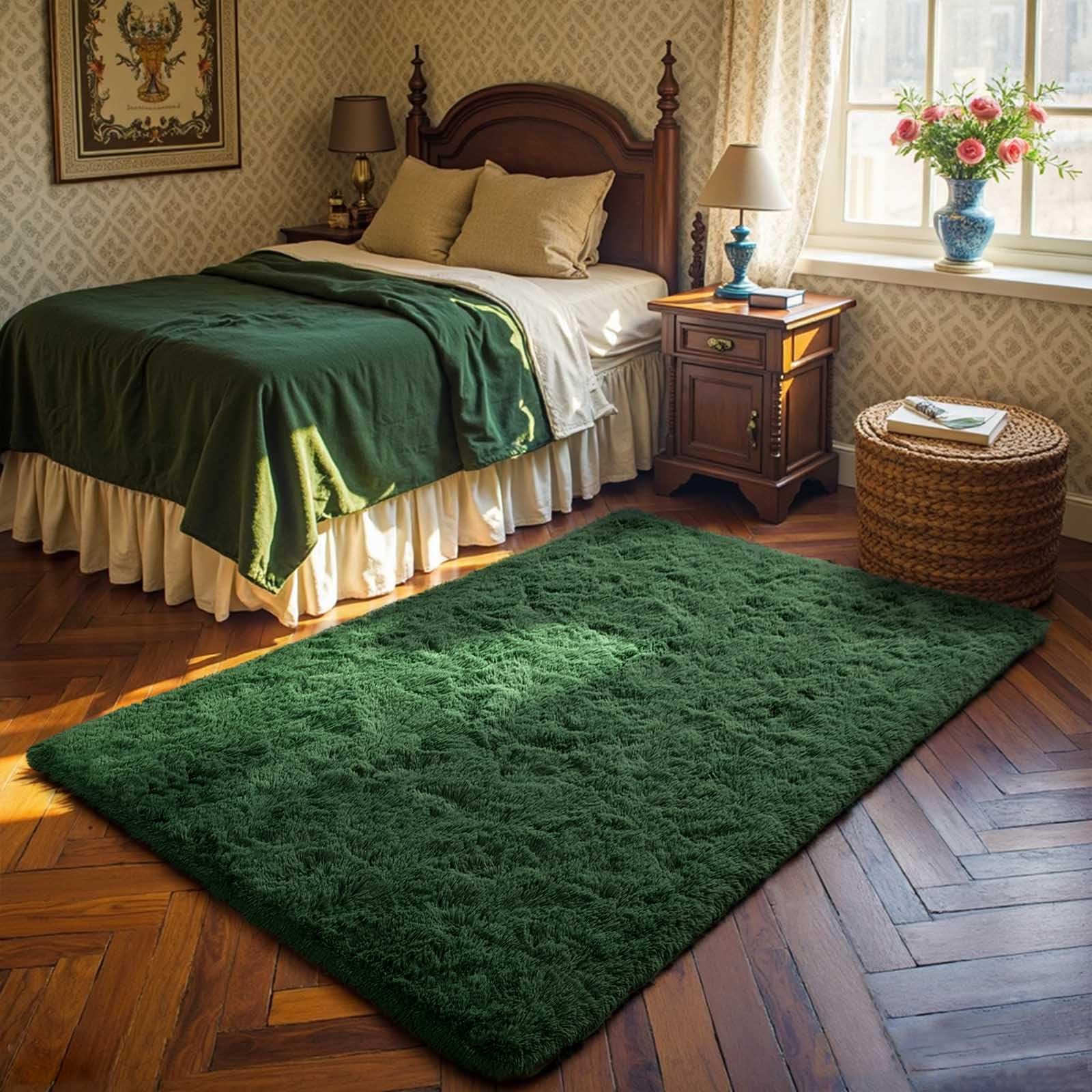 Alfombra verde oscuro de 3x5 acogedora y alfombra esponjosa decorativa para salon y dormitorio