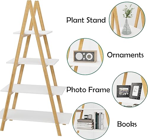 Miniatura 3 de Estantería de escalera de 4 niveles con marco de bambú sólido, en forma de A, estante de exhibición multifuncional, estante de escalera