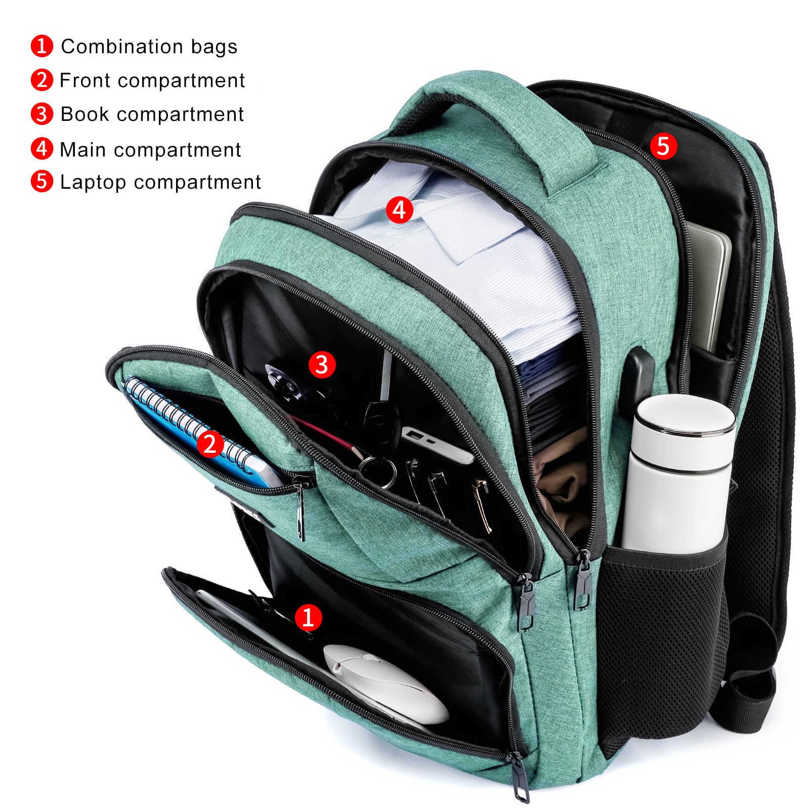 RJEU Zaino Uomo Donna, Zaino Scuola Superiore Media Zaino Università Per PC Portatile 15.6 Pollici con Porta di Ricarica USB