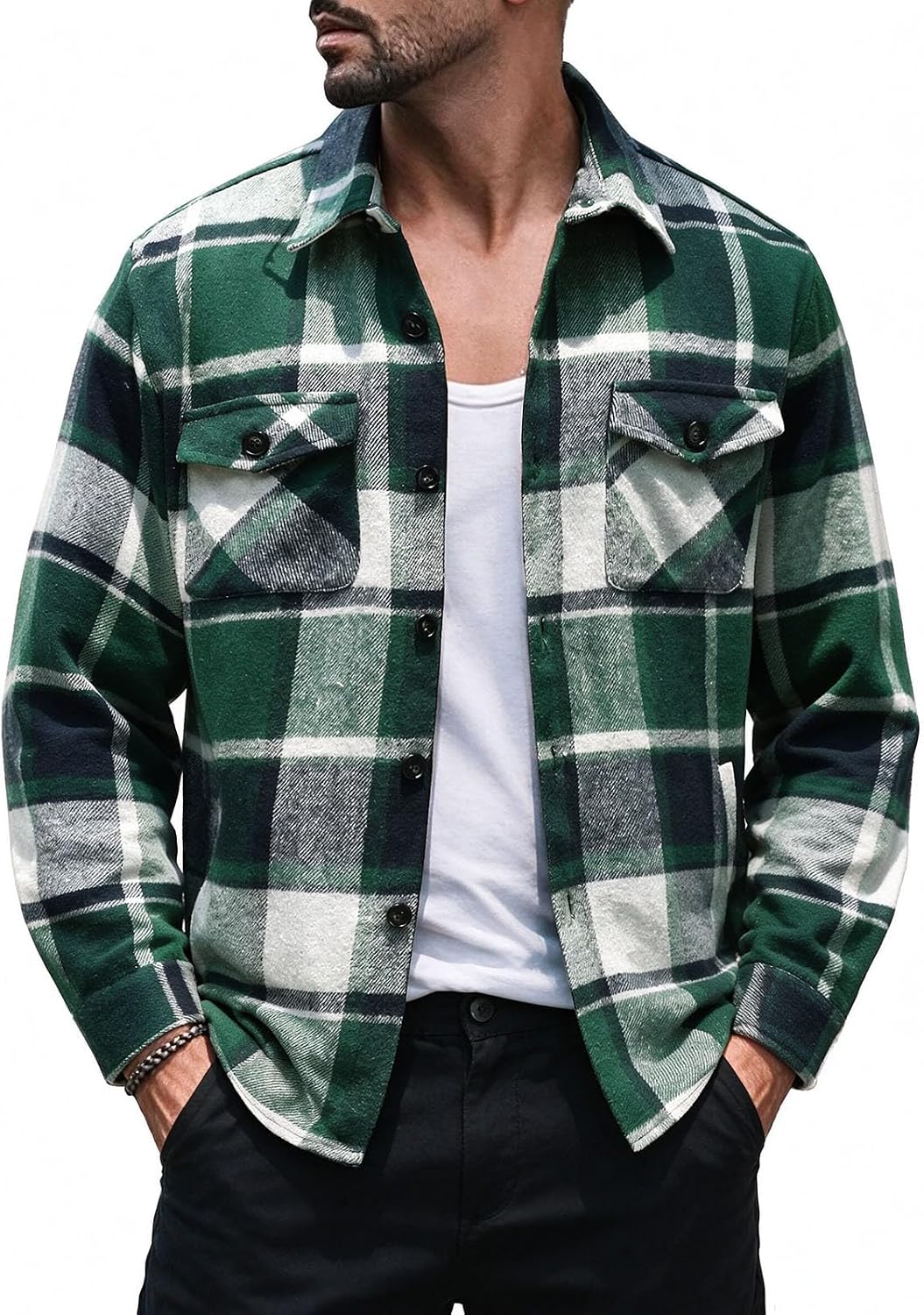 Men Button Down Plaid Tweed Shacket Long Sleeve Loose Fit Overshirt