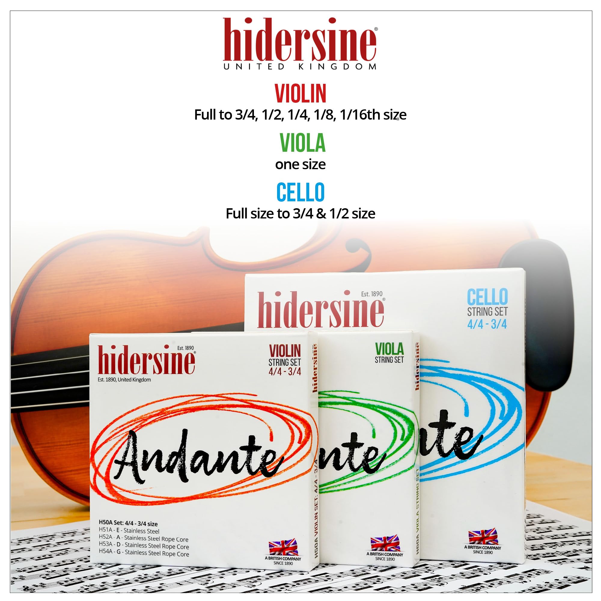 Hidersine Andante - Corde per violino 4/4 e 3/4, anima in acciaio per una facile sensazione di suono. Ottimo tono e grande valore. Corde per studenti ideali per violini. 1 set di 4 corde.
