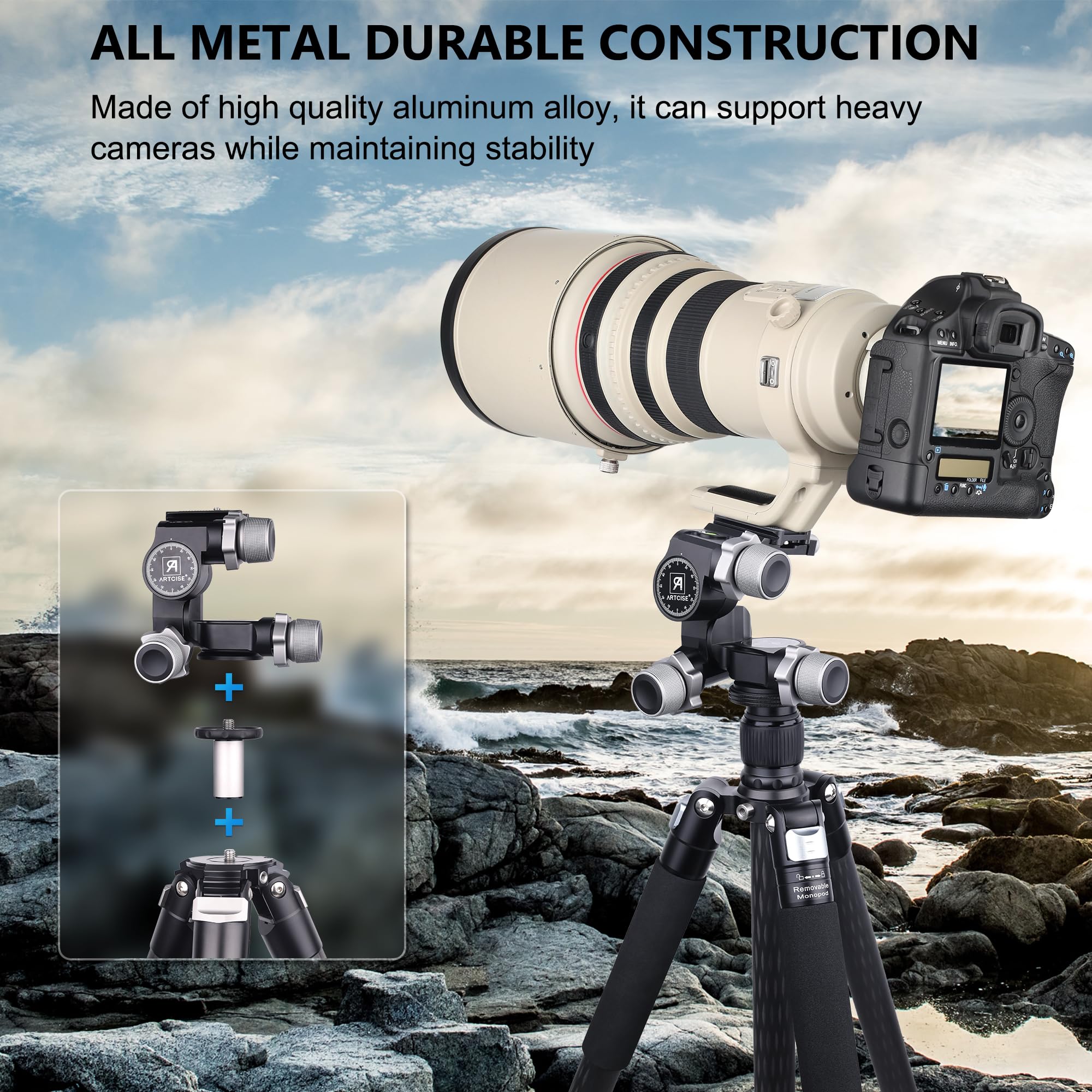 Cabezal de trípode con engranajes de 3 vías, cabezal de trípode con engranajes ARTCISE con placa QR tipo Arca y placa QR panorámica de tipo Arca de 360 °, microajuste milimétrico, carga máxima de 6 kg