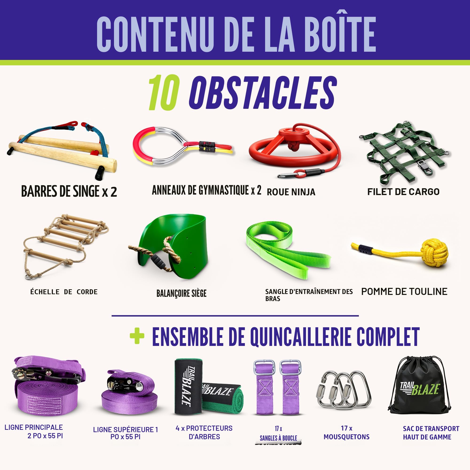 Parcours Ninja Warrior 56 Pieds – 14 Obstacles – Corde Lisse, Anneaux, échelle – Entraînement Extérieur
