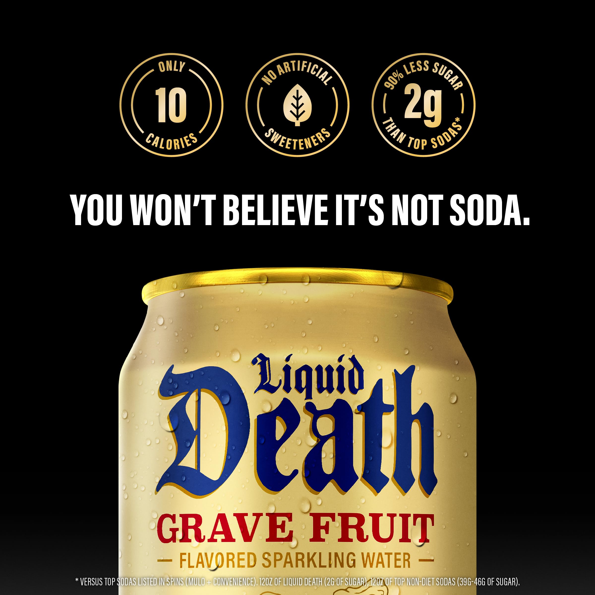 Liquid Death Soda-Flavored Sparkling Water - Doctor Death (Cherry, Cream, Spice), Less Sugar*, Huge Flavor, No Caffeine, No Artificial Sweeteners, 12 Fl Oz (Pack of 12): Grave Fruit 12 Fl Oz (Pack of 12)