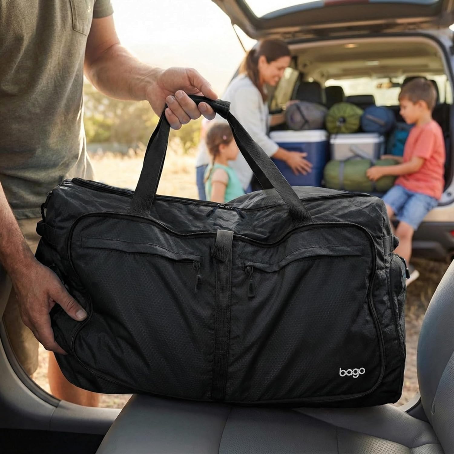 Bago Large Foldable Duffel Bags for Traveling Women & Men - 100L Packable Duffle Bag for Travel with Shoe Compartment - Water Repellant, Heavy Duty, Lightweight Folding & Collapsible (All Black) - Image 11