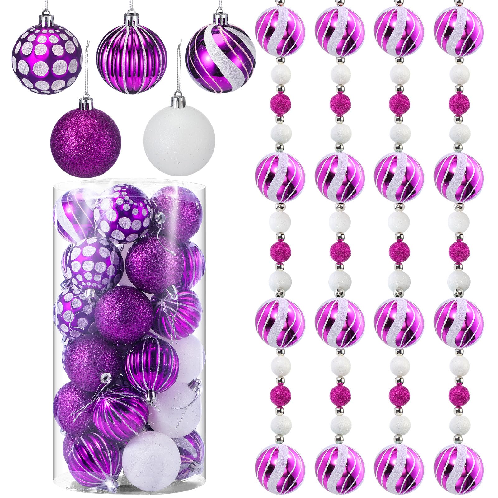 Liliful 30 Pcs 2.4 Inch Christmas Ball Ornaments and 79'' Glitter Candy Ball Garland Christmas Tree Hanging Decorations for Xmas Tree Indoor Outdoor