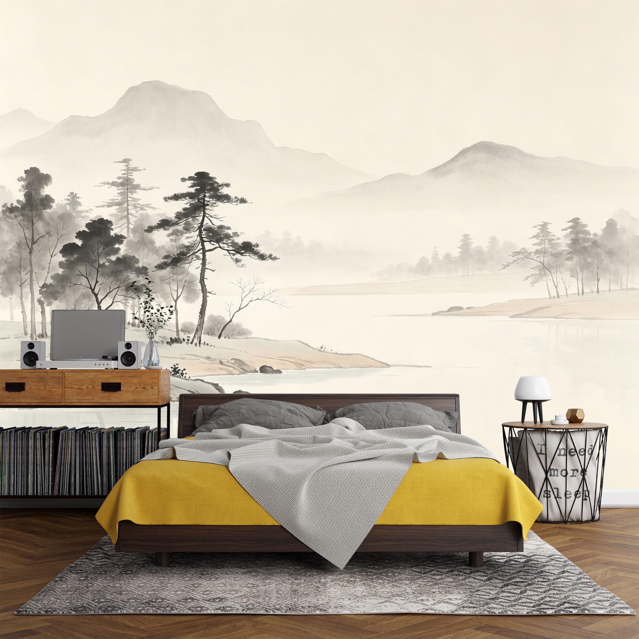Custom Size Wall Mural， Landscape Misty Mountain Lake Ink Painting Serenity Nature Scene，SelfAdhesive Art Prints wall Fabric (No PVC) Removable Wallpaper Living Room Decor