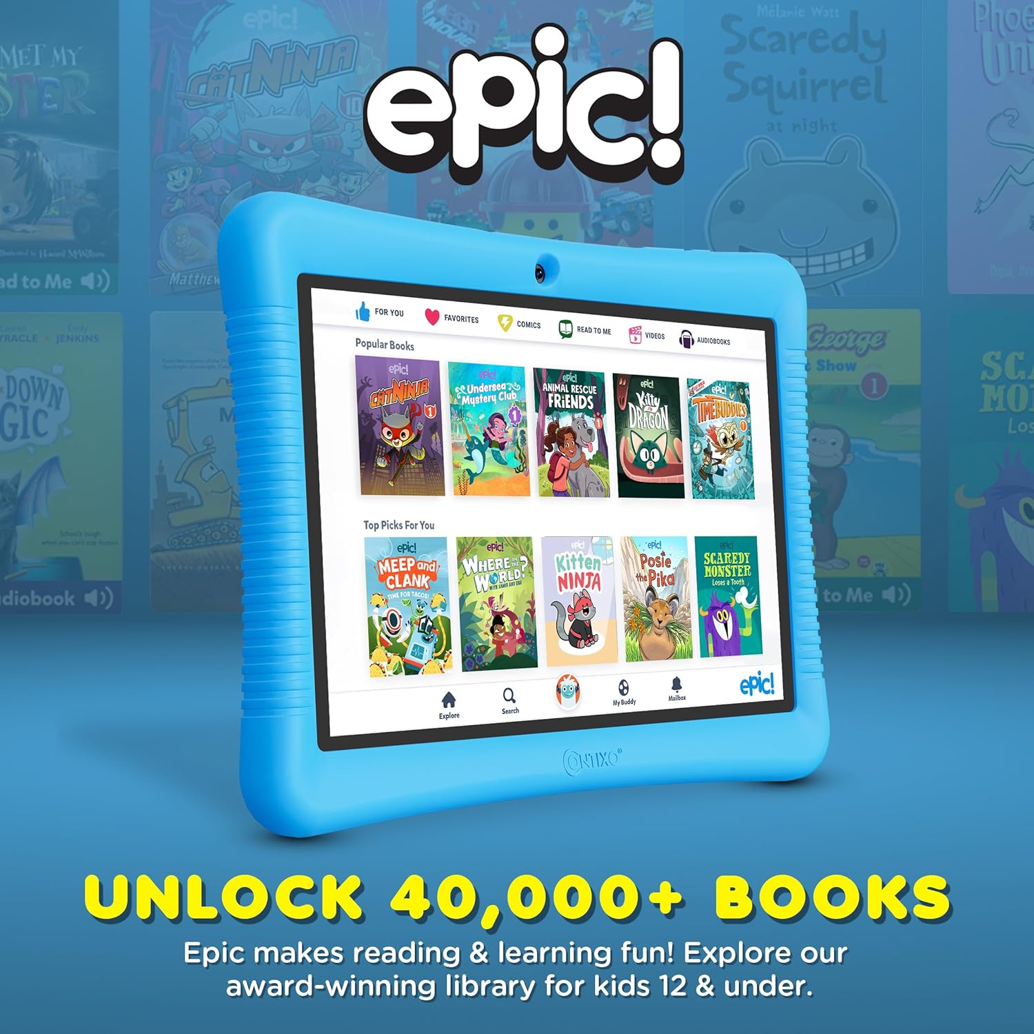 Contixo K102 Kids Tablet displaying Epic! app interface with various book covers