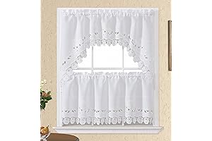 GOHD Elegant White Kitchen Curtains with Rose Embroidery and Lace (3PC Set)