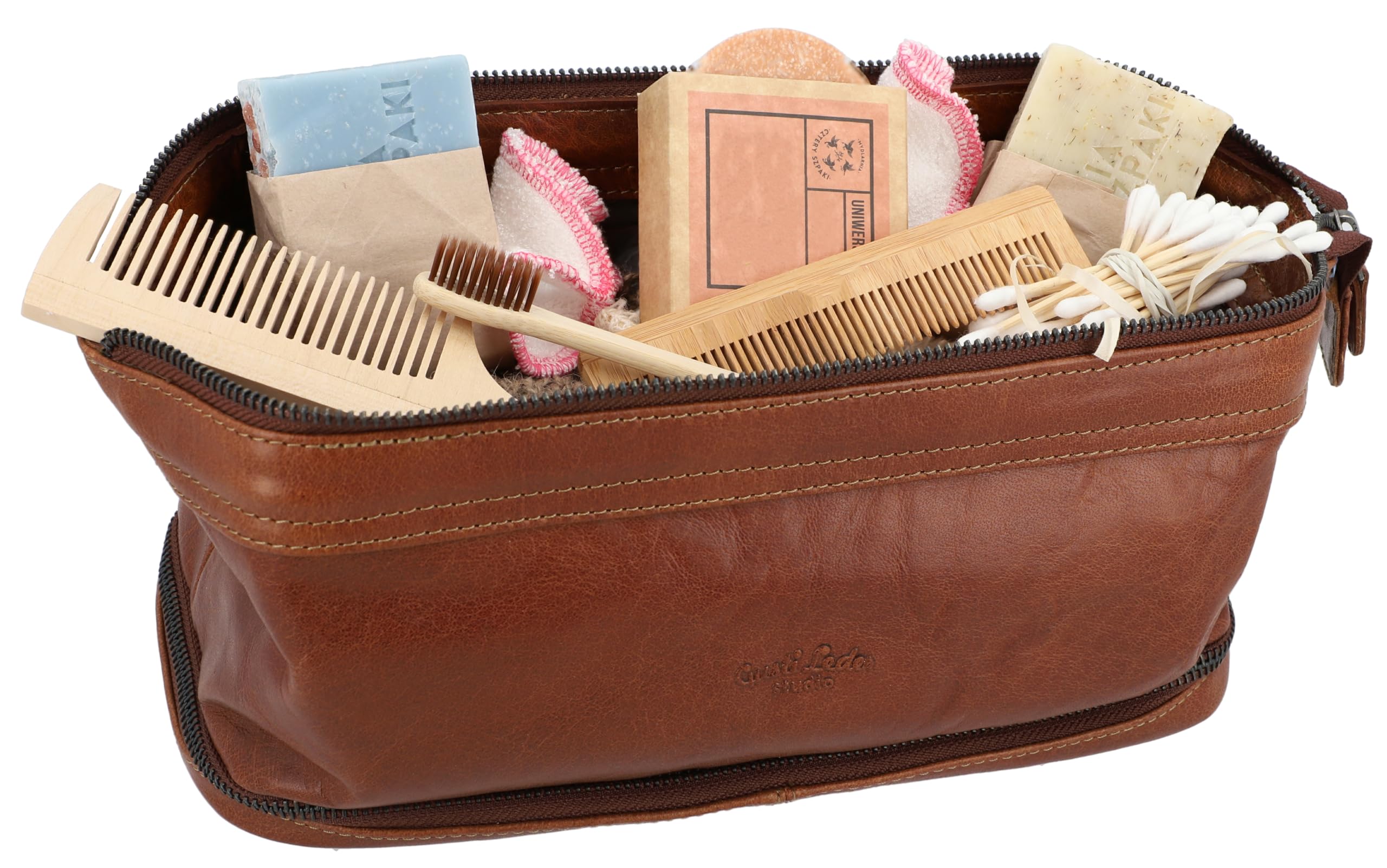 Gusti Waschtasche Leder - Quinn Kulturtasche Schminktasche Braun Leder