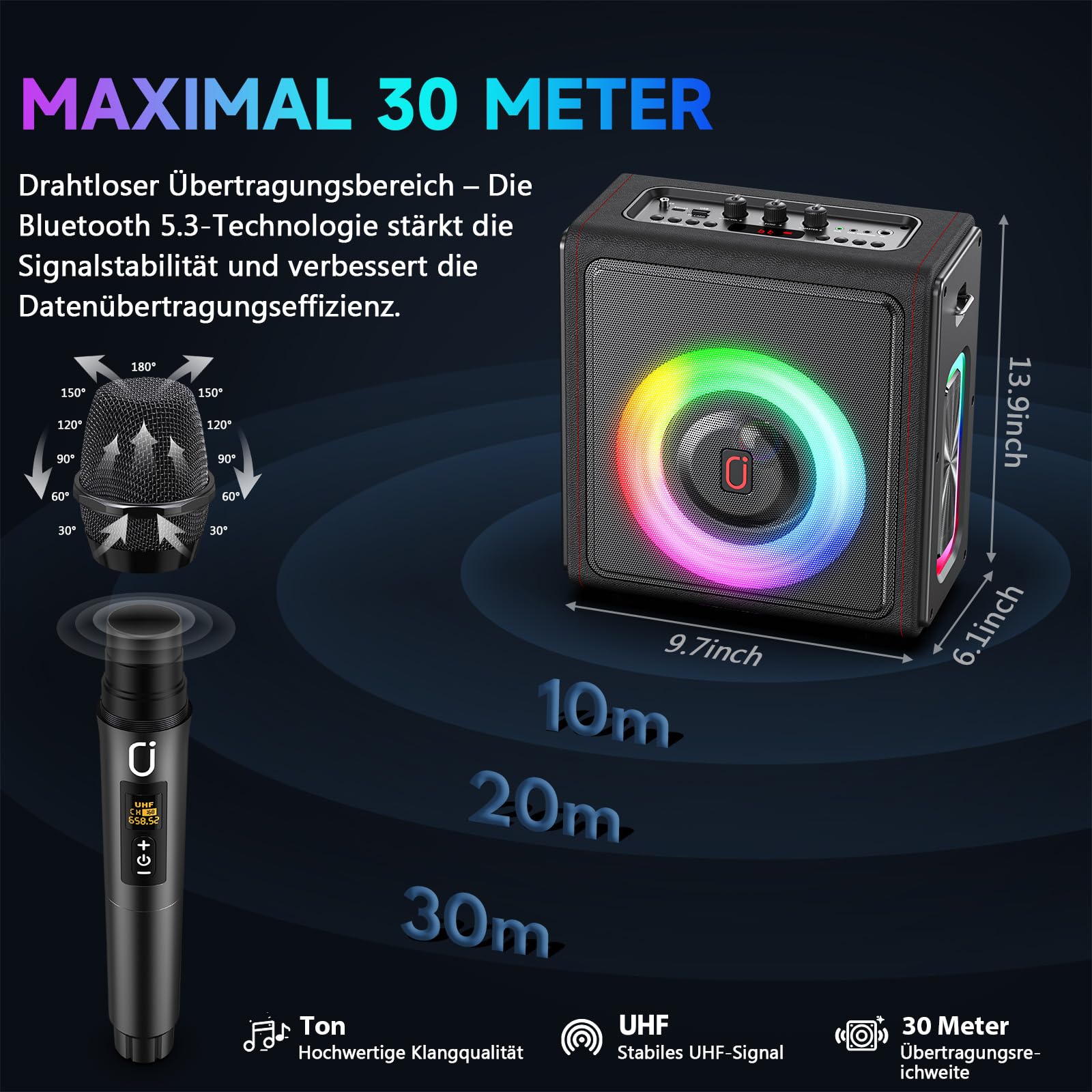 Karaoke Maschine, Tragbarer Bluetooth 5.3-Lautsprecher mit 2 drahtlosen Mikrofonen, Pa Anlage mit Tonhöhenkorrektur und Echoanpassung, Unterstützung für TWS/TF-Karte/USB/AUX für Familientreffen