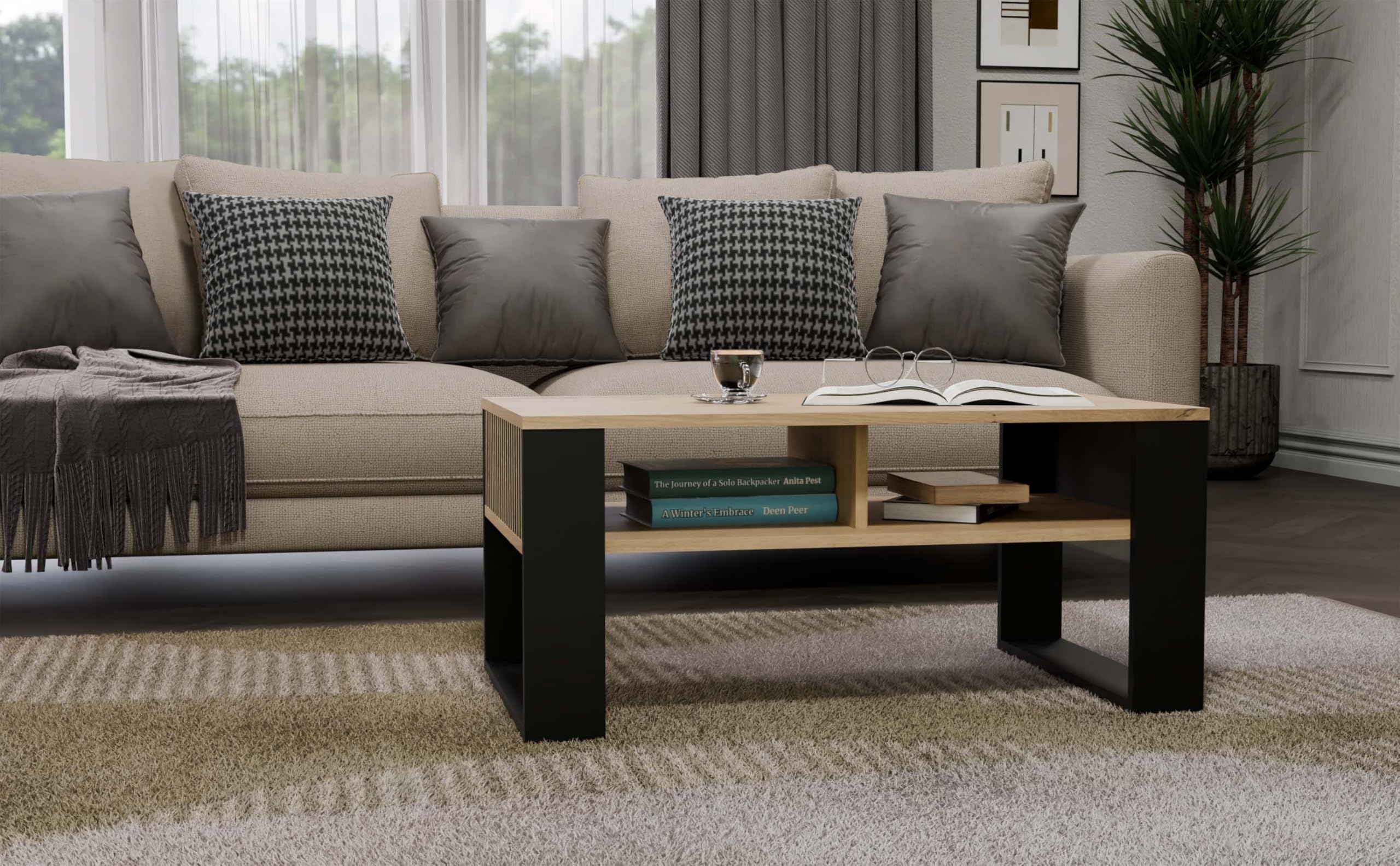 CDF Moderner Couchtisch mit Lamellen-Optik Wohnzimmertisch mit 2 Ablagen, Loft Beistelltisch Kaffeetisch Geriffelt & Kratzfest, 90 x 58 x 50 cm - Eiche Artisan/Schwarz