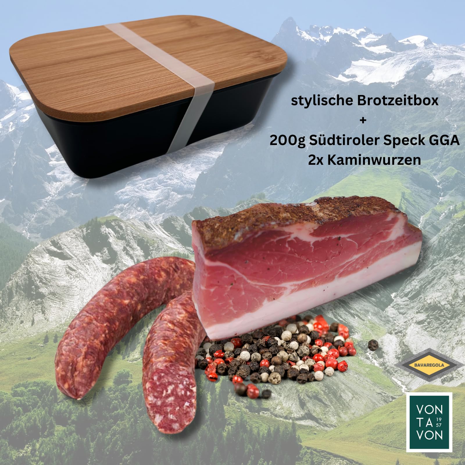 BAVAREGOLA Südtiroler Brotzeitbox - 200g Stück Südtiroler Speck g.g.A & 2 Kaminwurzen in der modernen Frischhaltedose - Südtiroler Spezialitäten als kleines Geschenk für Männer & Frauen