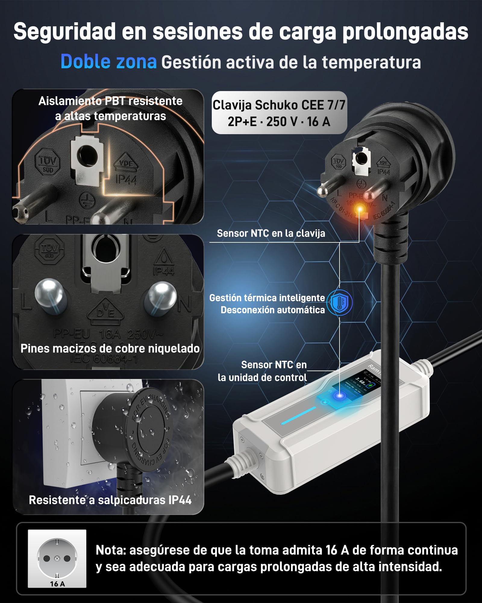 Cargador Coche Eléctrico (3,7 kW, 16 A, 7,5 m, Schuko a Tipo 2) | Monofásico | IP67 | 6–16 A | Timer + inicio diferido | LCD 2,4" | RCD CA/CC | Cable Modo 2 / wallbox móvil | para VE y PHEV