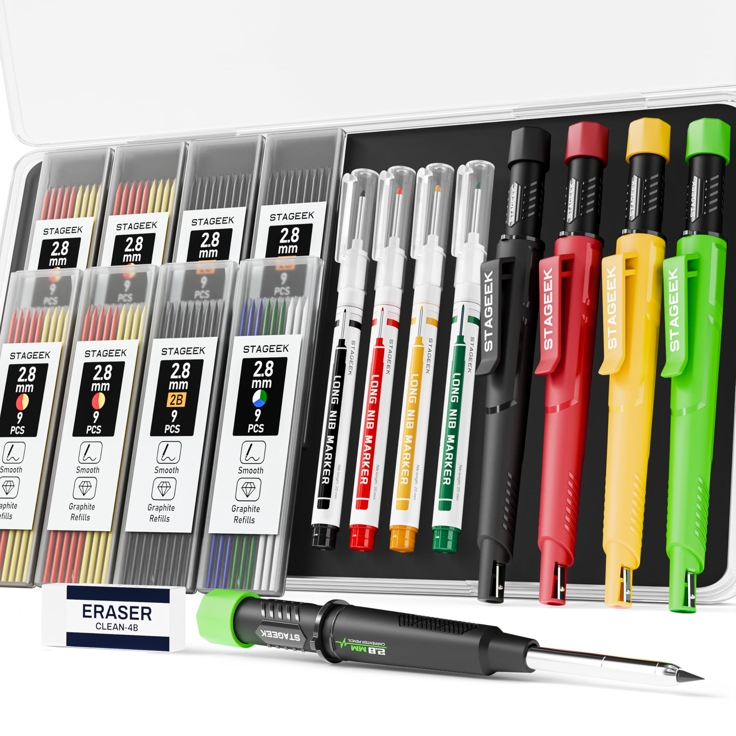 STAGEEK Lot de 4 Crayons Chantier Extensibles avec Holster, Taille Crayon, 76 Mines de Rechange, Pour Architecte, Menuisier, Bricolage, Dessin, Traçage sur Bois, Métal, Béton, Carrelage