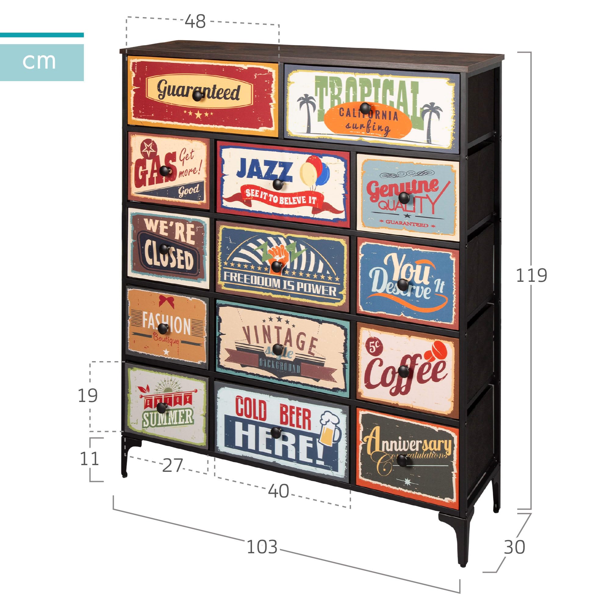 AKTIVE Max Home Mehrzweck-Schlafzimmerkommode, Retro- und Vintage-Grafiken, 14 leichte Stoffschubladen, 103 x 30 x 119 cm, Stahlrahmen, Holzplatte, Nachttische, Wohnzimmermöbel (18405)