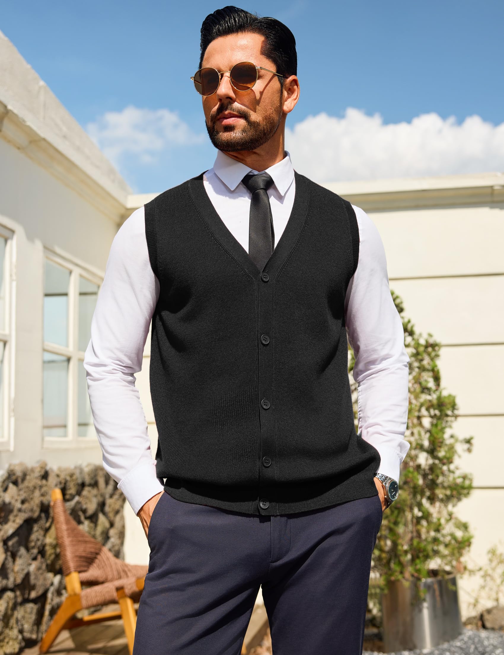 Sykooria Gilet Cardigan Homme sans Manches à Col en V Pull Tricoté Débardeur Léger et Élégant avec Boutons S-XXL